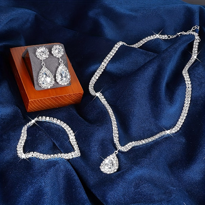 Elegant 4-piece Jewelry Set including Earrings, Necklace, Bracelet, and Inlaid Rhinestone for Perfect Evening Party Decor and Wedding Accessories.