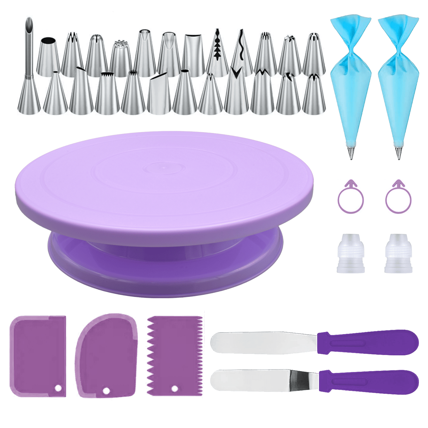 36-piece Stainless Steel Decorating Nozzle Cake Turntable Set with various tools for baking and decorating