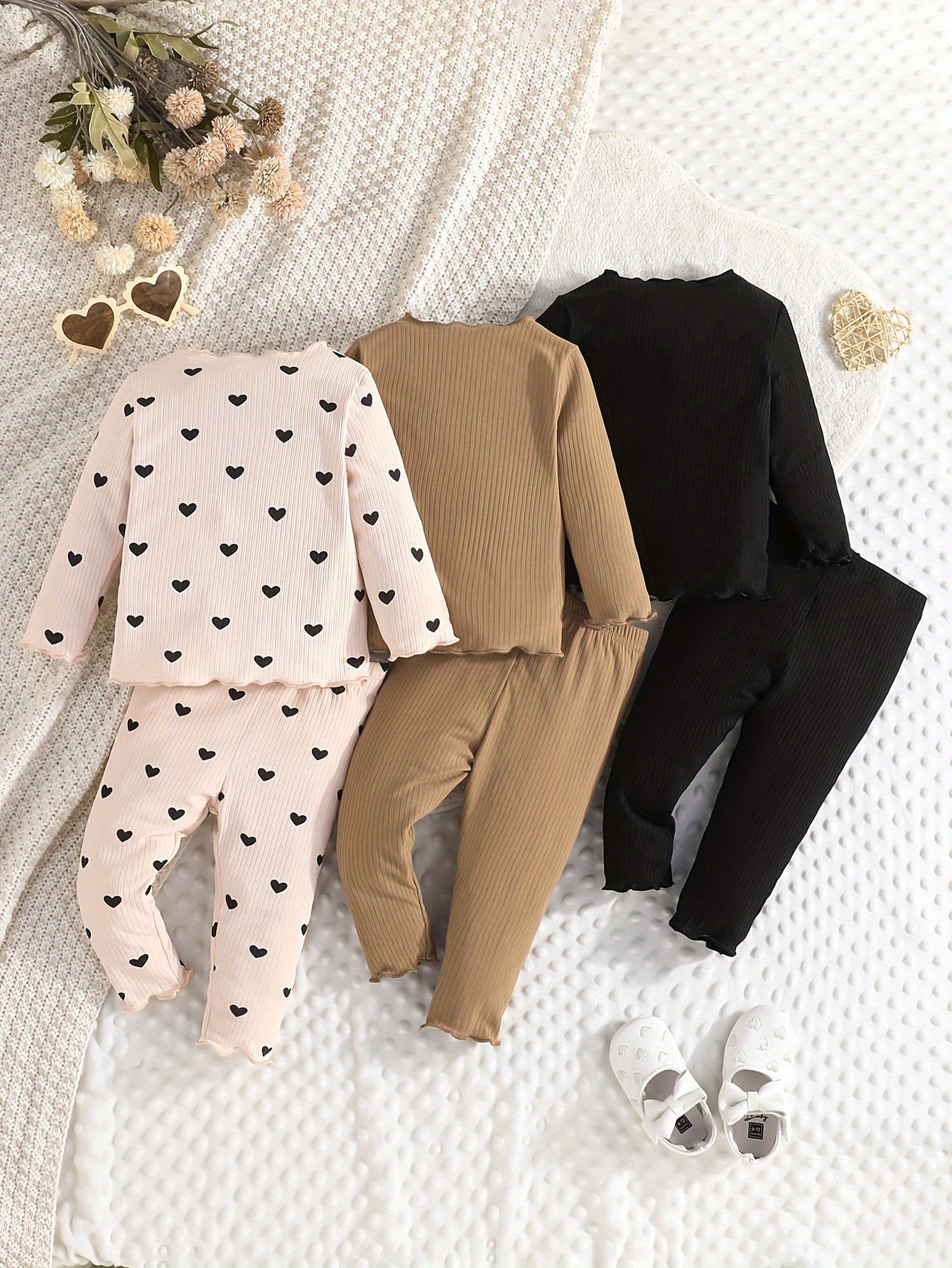 Girls' 3-piece long sleeve outfit set with heart pattern, solid brown & black colors. Made of polyester blend and machine washable. Cozy knit fabric suitable for all seasons, perfect for