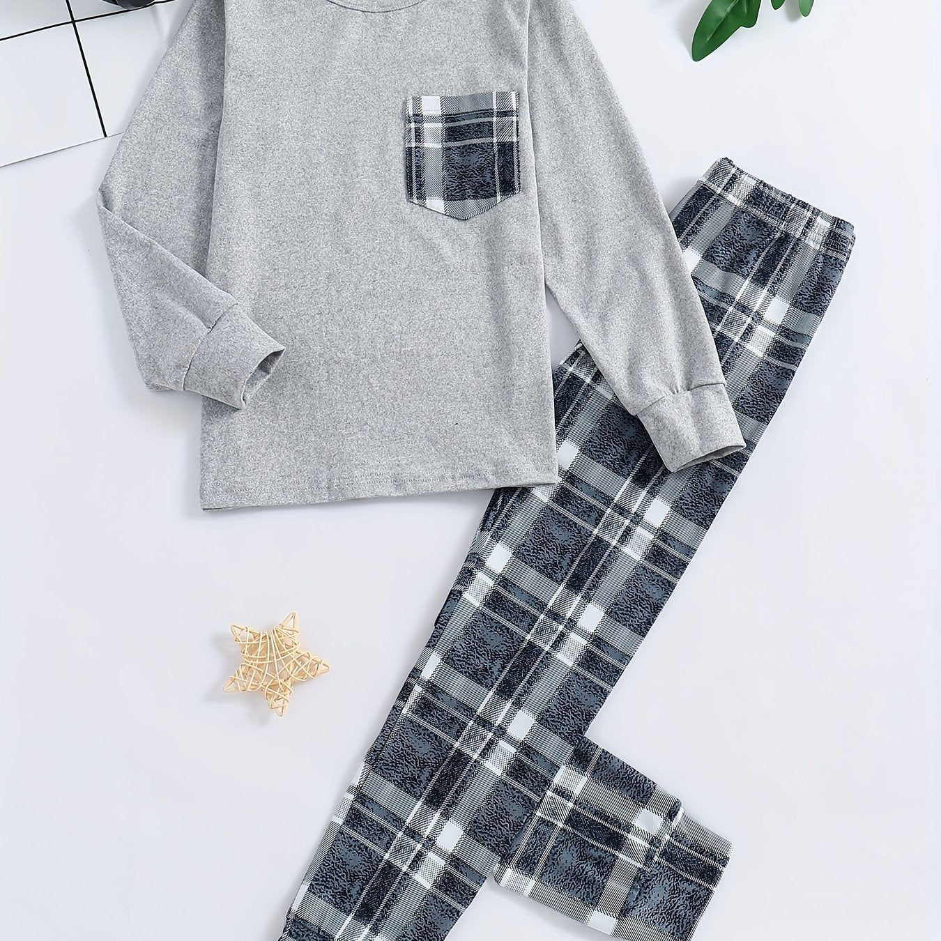 New Boys' Cozy Plaid Pajama Set for Spring/Fall - Long Sleeve Top & Pants, Machine Washable