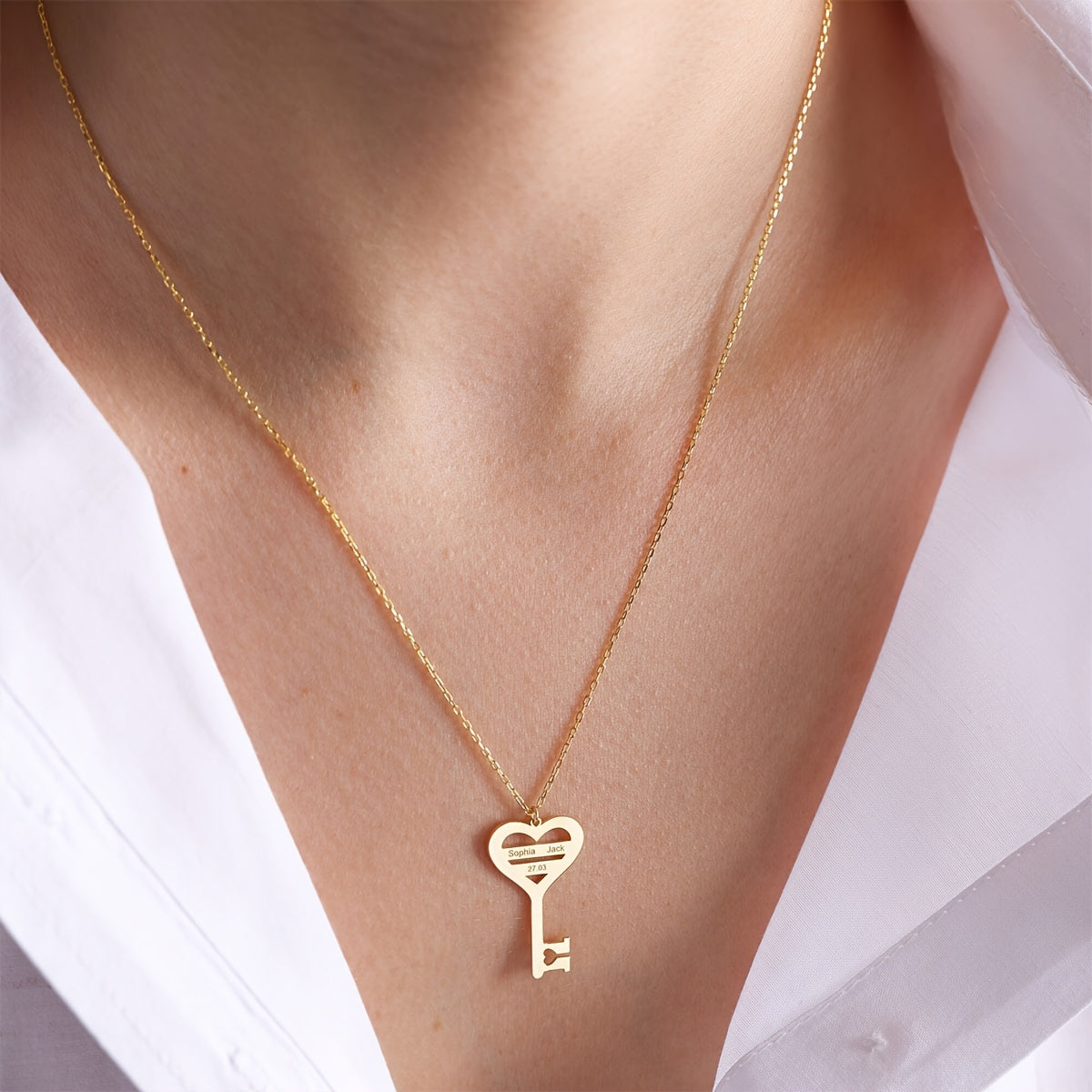 Customize your look with our elegant 18K gold plated Heart Key Pendant Necklace, personalized with 1-2 English names and a special date. This Boho style necklace is made from durable 304 stainless steel, perfect for daily wear or gifting. A thoughtful