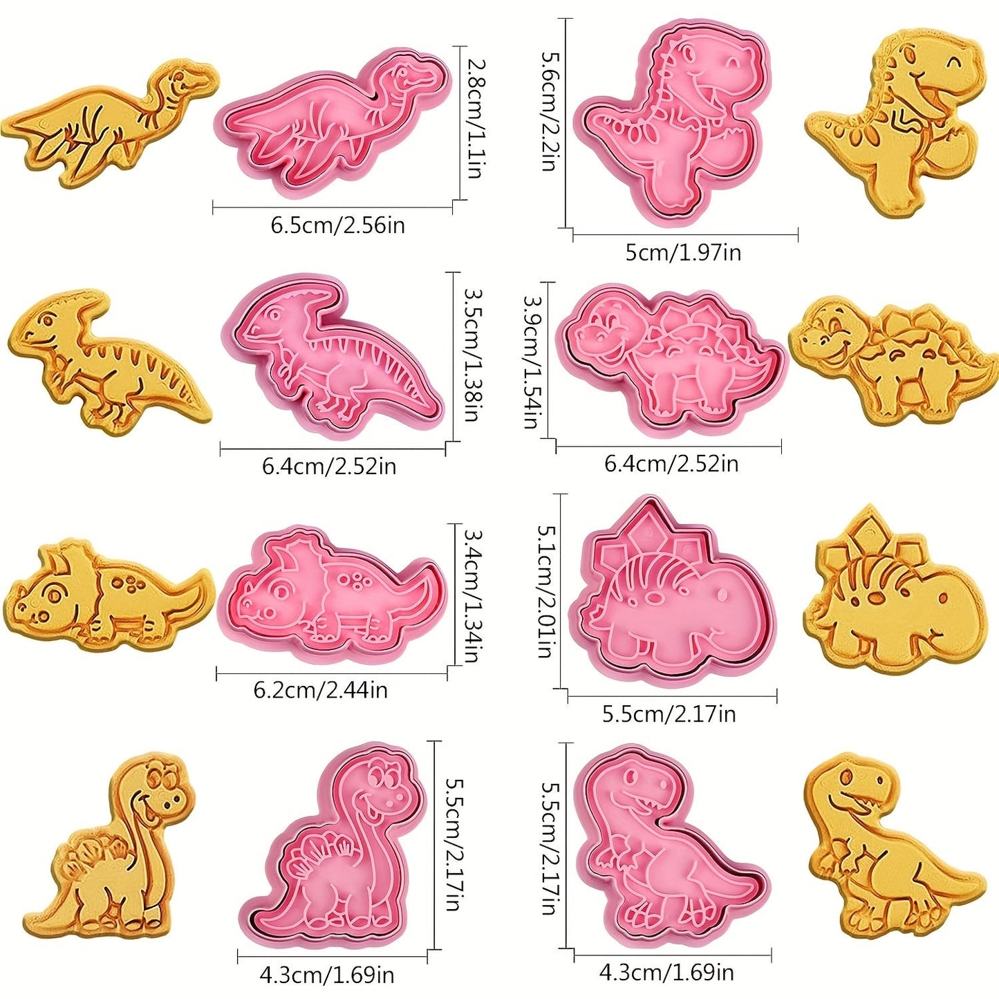 Set of 8 Dinosaur Cookie Cutters - Strong Plastic Molds and Stamps for Use at Home, in Bakeries, and Dessert Shops