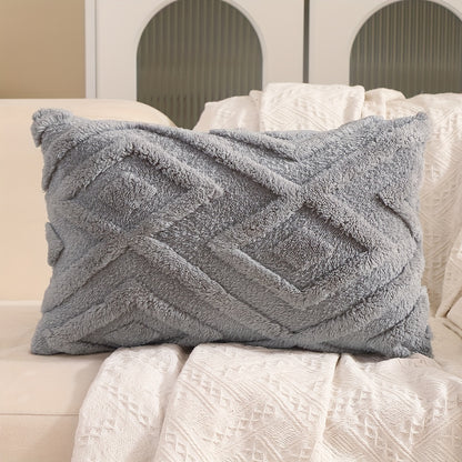 Pair of plush throw pillow covers in contemporary geometric pattern, hand wash only, 100% polyester zipper closure, beige wavy design for living room décor.