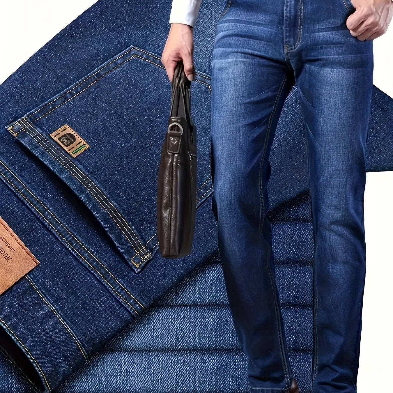 By 2025, the new selection of men's mid-rise cotton stretch straight-fit business jeans features a zipper and button closure.