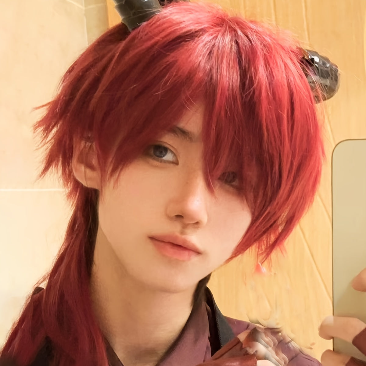 Red Men's Long Tail Wig for Anime Cosplay, Heat Resistant Wig