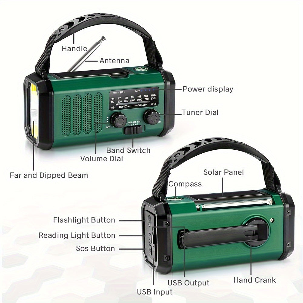 10000mAh Emergency Radio: Solar-powered, hand crank, NOAA AM/FM weather radio with flashlight, SOS alarm and phone charger.