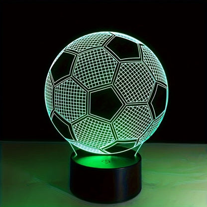 3D soccer ball illusion LED nightlight, geometric pattern, touch control, ideal for various spaces, sports theme, USB powered.