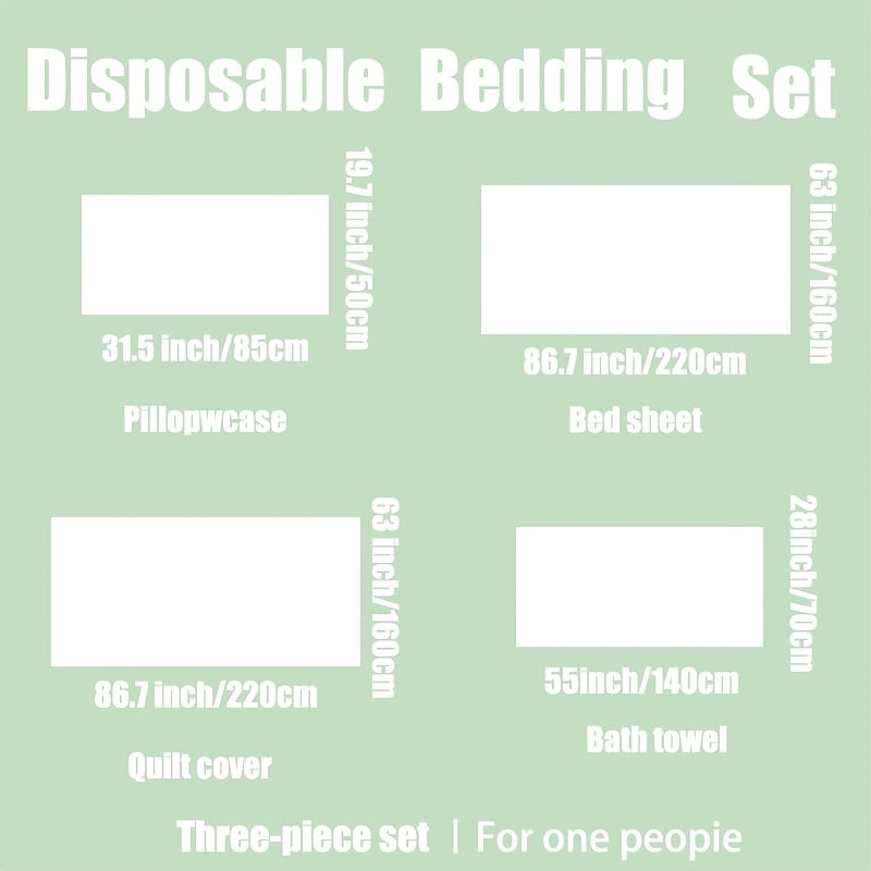 Set of four disposable sheets, quilts, and pillowcases designed for single individuals, while a three-piece set is available for couples. Also included are disposable bath towels and travel bedding that are dirt-proof, portable, comfortable, soft, and