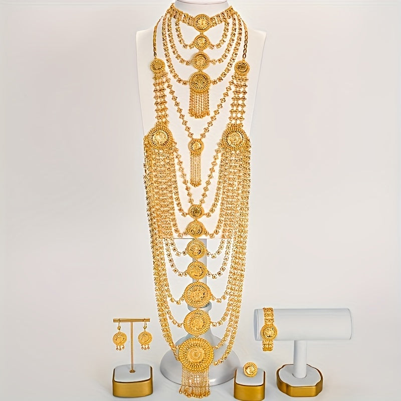 Gold-plated copper jewelry set specifically designed for the Middle East, perfect for festivals and weddings. This stunning set includes two necklaces, bracelets, earrings, and a ring, making it the ideal choice for women looking to add a touch of luxury