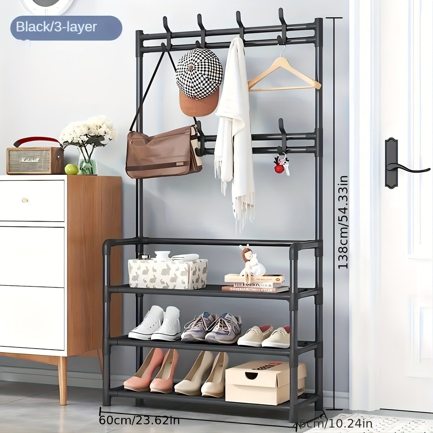 Metal Shoe Rack and Coat Hanger - Easy Assembly, Wall-Mounted Storage Organizer for Home, Dorm, Living Room, Entryway, Bathroom. Available in Black or White. Can be self-assembled or freestanding, with no power required. Capacity less than 3.2 cubic