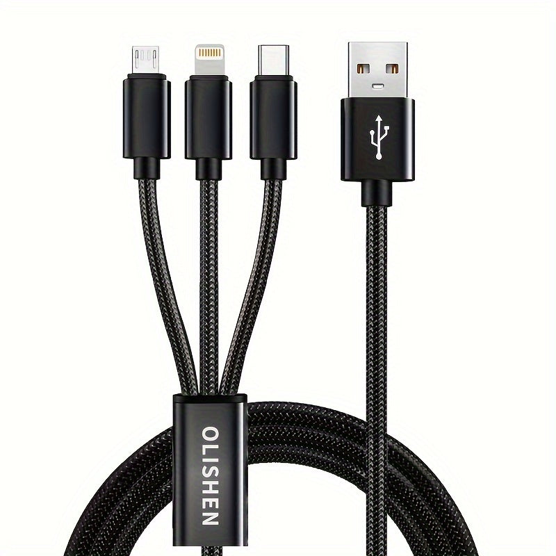 OLISHEN 3-in-1 Nylon Braided USB Charging Cable with multiple lengths (100.58cm/201.17cm/3.02meter) and fast charging capabilities for iPhone, Samsung, Xiaomi, and other devices. Can be