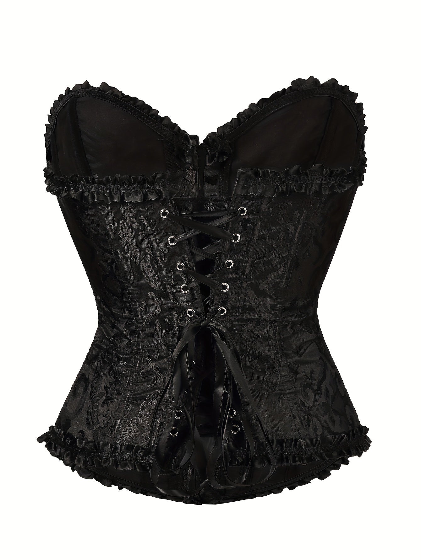 Elegant lace-up corset bustier with court style and ribbon trim.