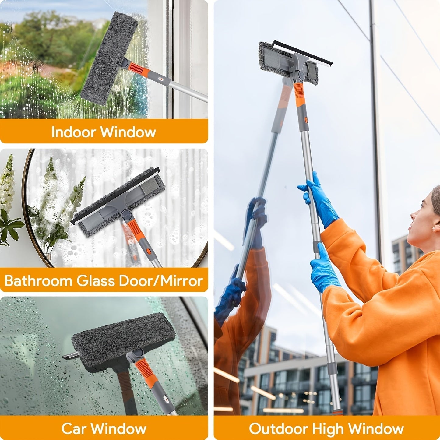 Window cleaning kit with extension pole featuring a flexible head squeegee and washer, perfect for indoor and outdoor high windows. Great for bedrooms, living rooms, bathrooms, and other glass cleaning tasks.