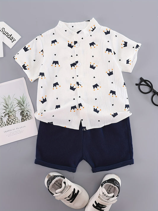 Boys' casual cotton short sets with button front stand collar shirt and shorts in geometric crown print. Made of non-stretch woven cotton-polyester blend for outdoor summer use.