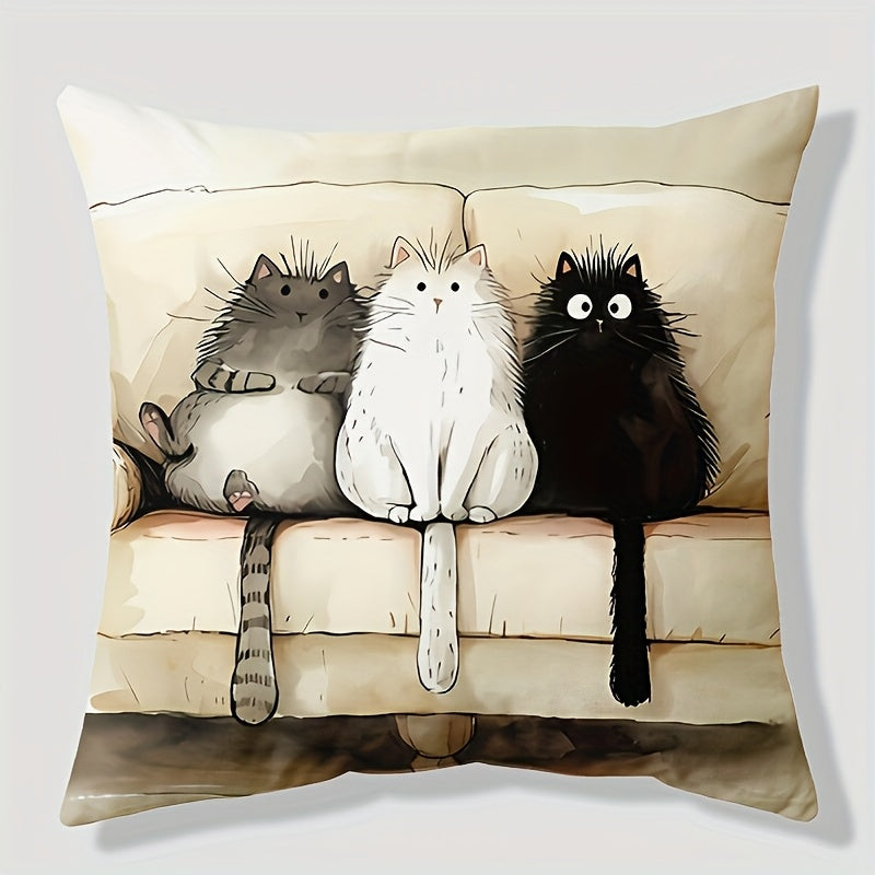 Hand-painted abstract cartoon cat print throw pillow cover measuring 44.96cm x 44.96cm, machine washable with zipper closure. Made of woven polyester for sofa, living room, bedroom. Insert not included. Hypoallergenic and contemporary design.