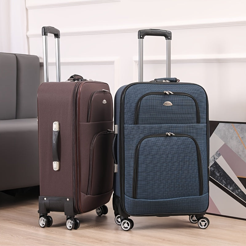 Suitcases measuring 50.8cm and 60.96cm with multi-color options, spinner wheels, telescopic iron handle, combination lock, and durable zipper closure. Ideal for secure and stylish travel