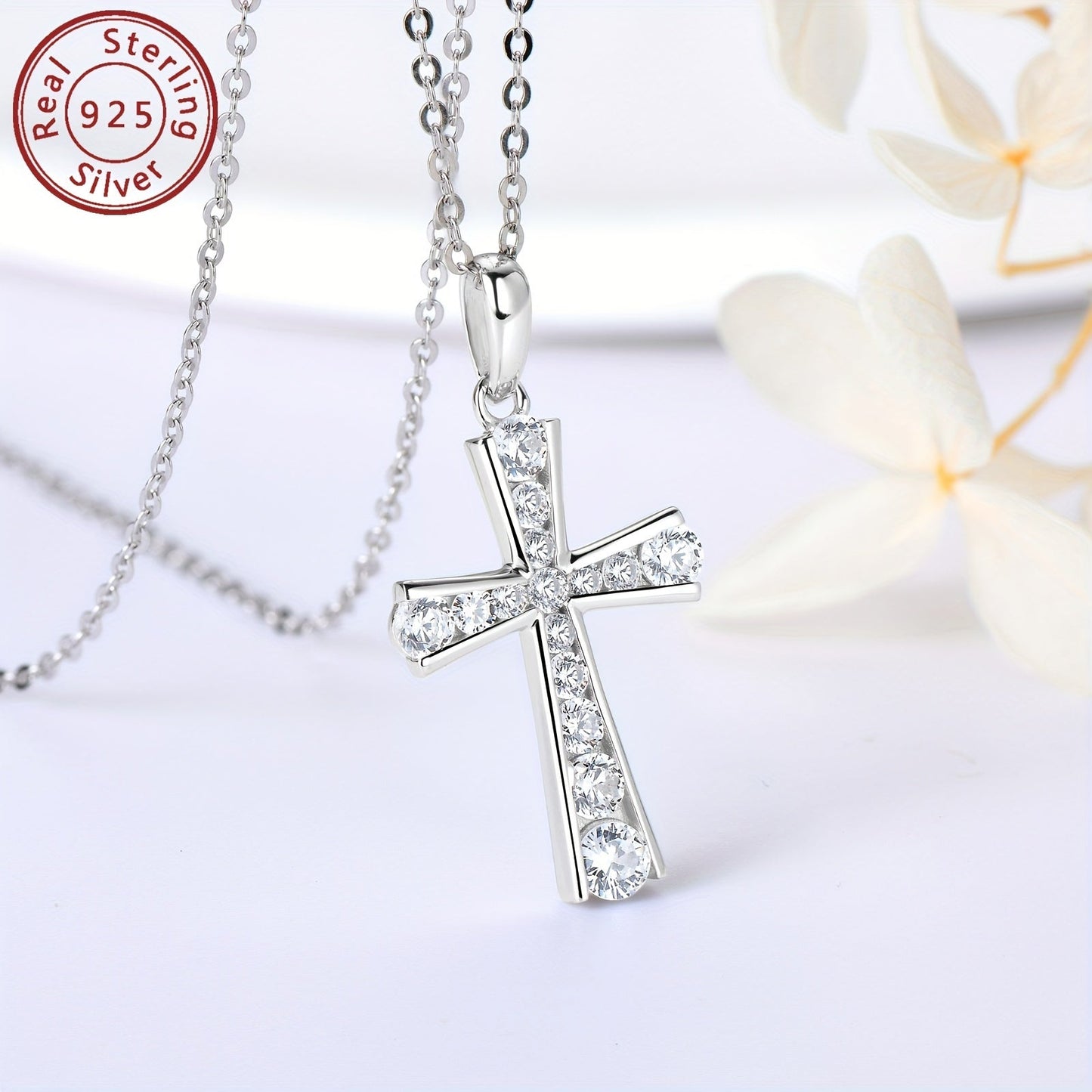 Elegant Sterling Silver Cross Pendant Necklace adorned with Synthetic zirconia Stones - Ideal for Daily Wear and Holiday Celebrations