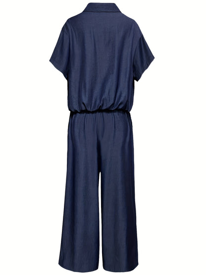 Casual short sleeve top and elastic waistband trousers set in solid color rayon blend, ideal for spring and fall. Features pockets and offers comfort.