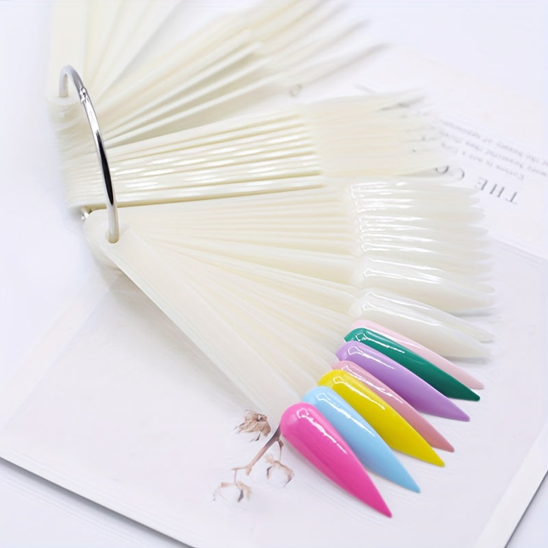 Set of 50 fan shaped nail art practice sticks for displaying nail polish swatches.