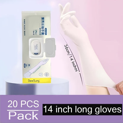 A package of 20 nitrile cleaning gloves with 14-inch long sleeves, waterproof, extra thick, highly elastic, ambidextrous, powder-free. Ideal for use in the kitchen, bathroom, outdoor, pet supplies, offering antibacterial protection for spot-cleaning.