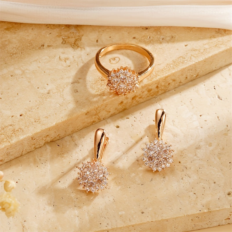 Stunning rose gold jewelry set featuring cubic zirconia - includes a ring and earrings. Ideal for everyday wear, special occasions, and weddings.