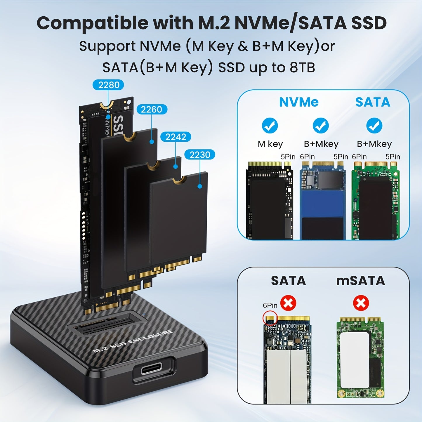 High-Speed M.2 NVMe & SATA to USB-C Docking Station - Tool-free adapter for 2230/2242/2260/2280 sizes. Includes A-C to USB-C cable. Compatible with Windows, Mac OS, Linux. Durable ABS