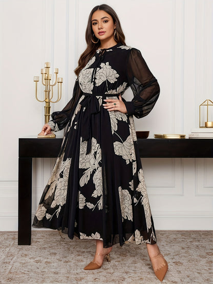 Plus size chiffon dress with floral print, lantern sleeves, A-line silhouette, tie waist detail, and mid-length, made of polyester for spring/autumn wear.