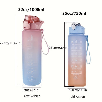 Rainbow 32 Oz/1 Liter Water Bottle with Time Marker, Portable Rope, and Straight Drinking Design. A Motivational Gift.