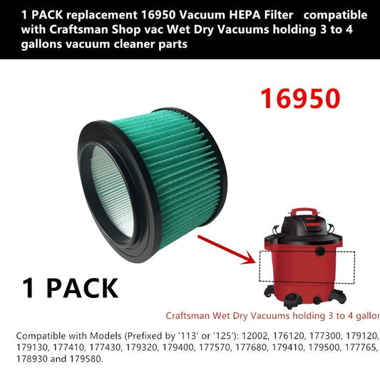 Get your hands on the 1 Pack 16950 HEPA Vacuum Filter, designed for use with Craftsman Shop Vac, Wet Dry Vacuums with 3 to 15.14 L capacity. This high-quality filter is made with durable rubber and paper materials, perfect as a replacement filter for