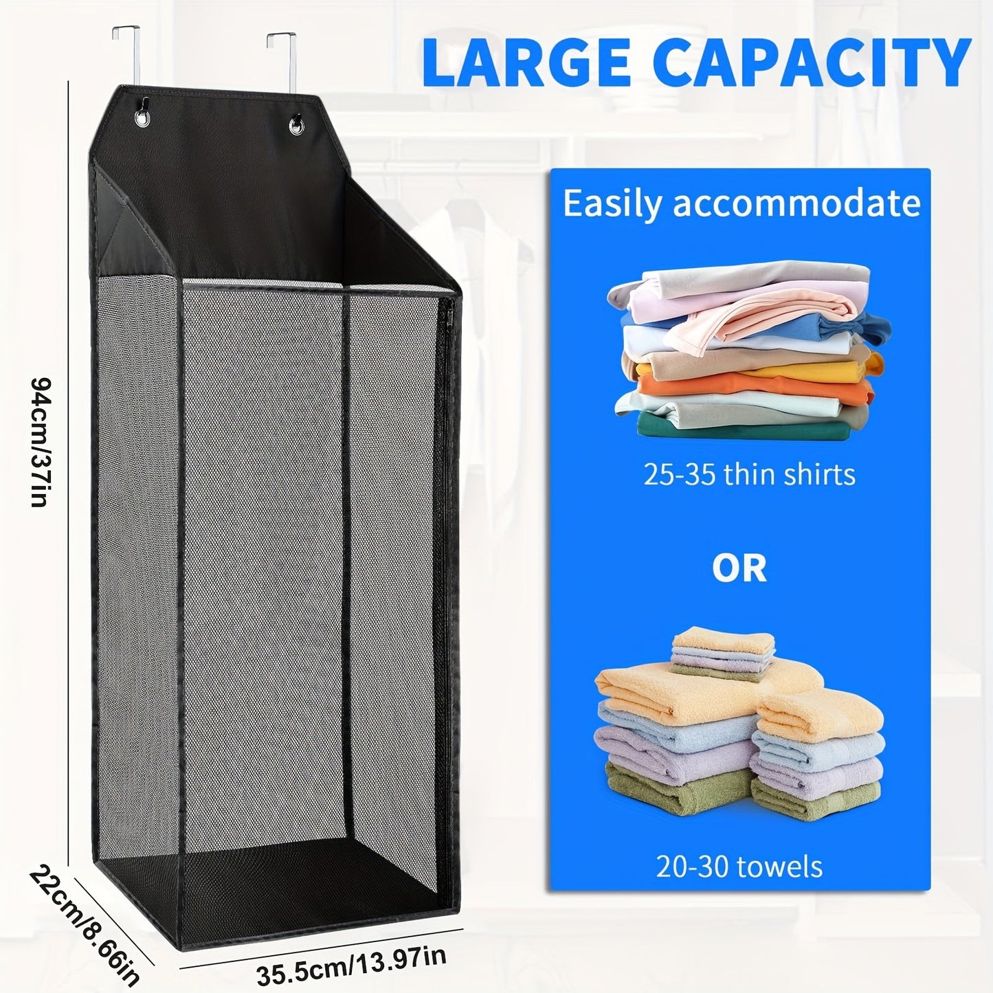 Foldable hanging laundry hamper with hooks, zipper, and large mesh design - ideal for bathrooms, dorms, and small spaces. Convenient wall-mounted storage basket for dirty clothes. Ideal for laundry organization.