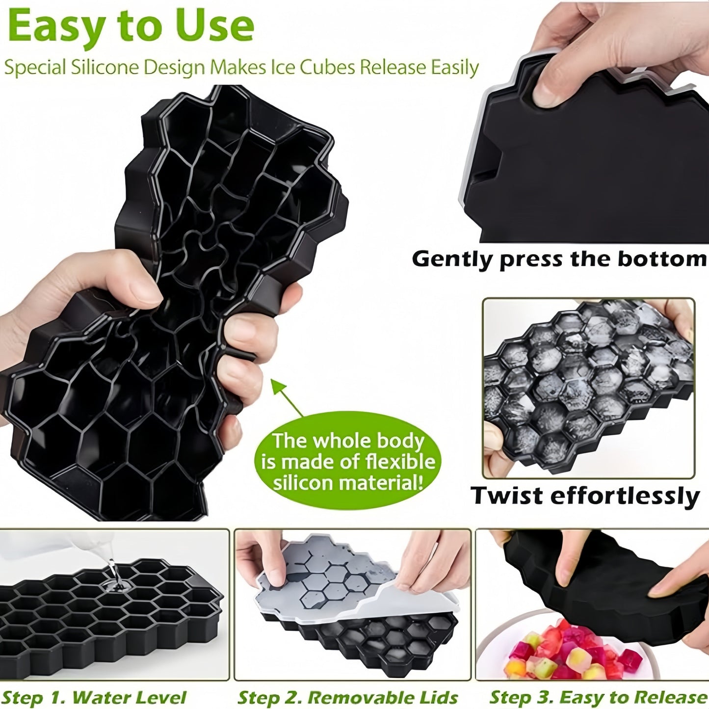 Silicone Ice Cube Tray with Lid - 37 Hexagonal Cubes, Stackable Design, Easy to Release, Ideal for Whiskey and Cocktails, Great for Holiday Parties like Halloween and Christmas