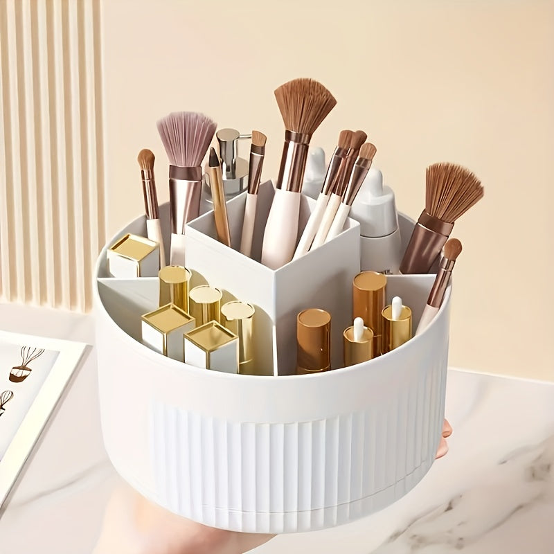 Rotating makeup organizer for versatile cosmetic storage, including pen holder. Ideal for vanity and desk organization.