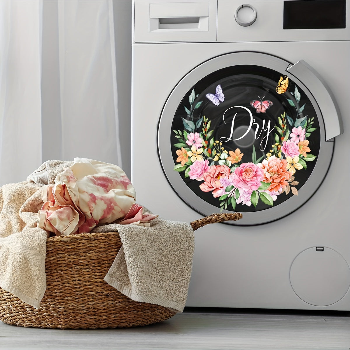 Набор из 2 наклеек Fresh Ring Flower Wash Dry Laundry Room для стиральной машины, декоративные наклейки на окна - 30*30 см, самоклеящиеся, двусторонняя печать - CT9004-YJ