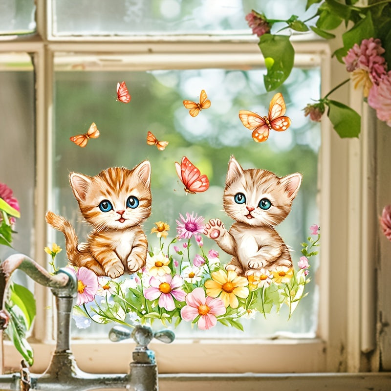 Glass stickers featuring a pair of cats catching butterflies and flowers, designed to prevent collisions. These self-adhesive stickers are simple to apply and can be used on bathroom, bedroom, living room, door, and window glass surfaces for home