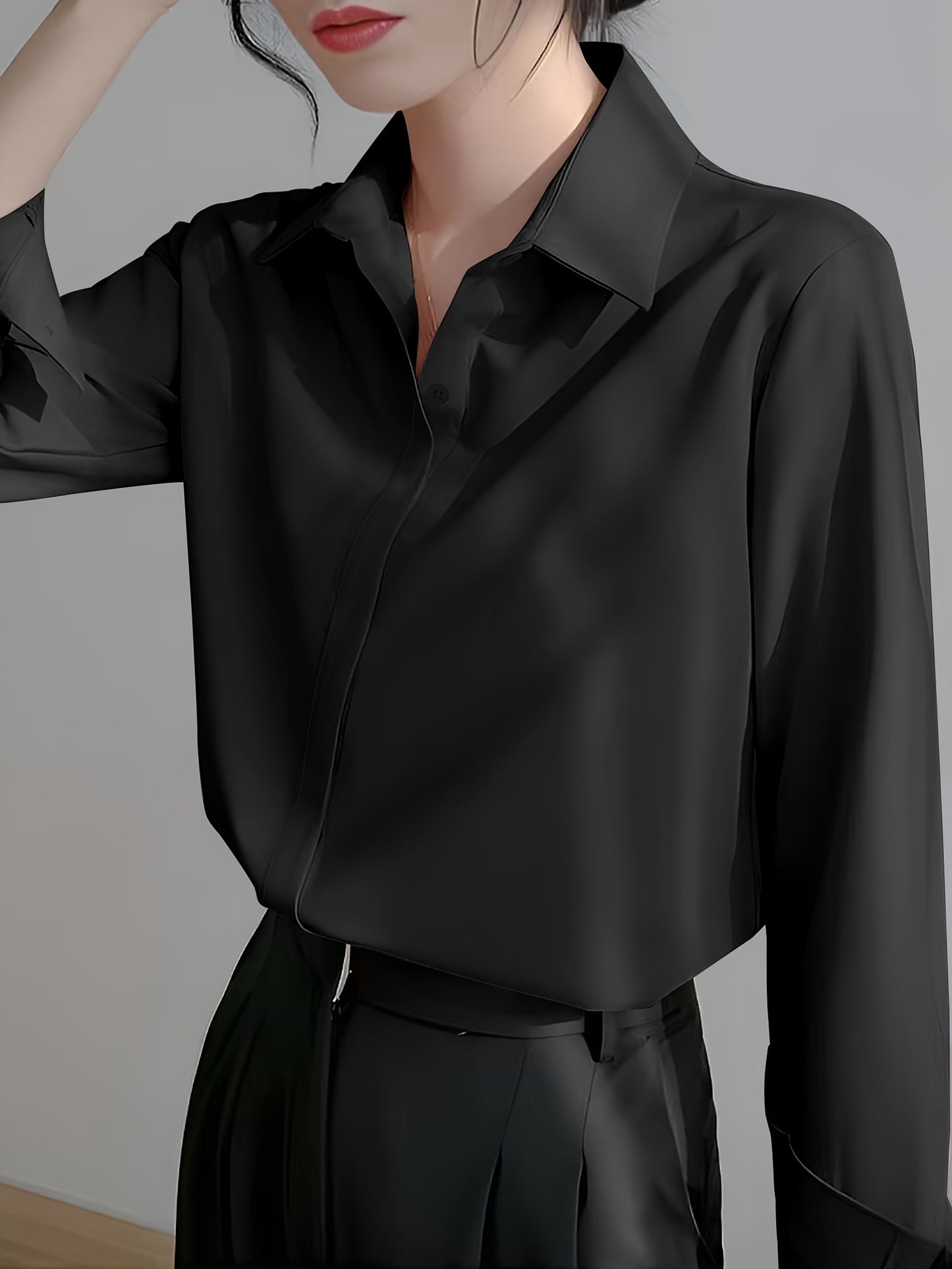 Professional women's long sleeve shirt in solid color, woven polyester with a pointed collar and open front, suitable for all seasons.