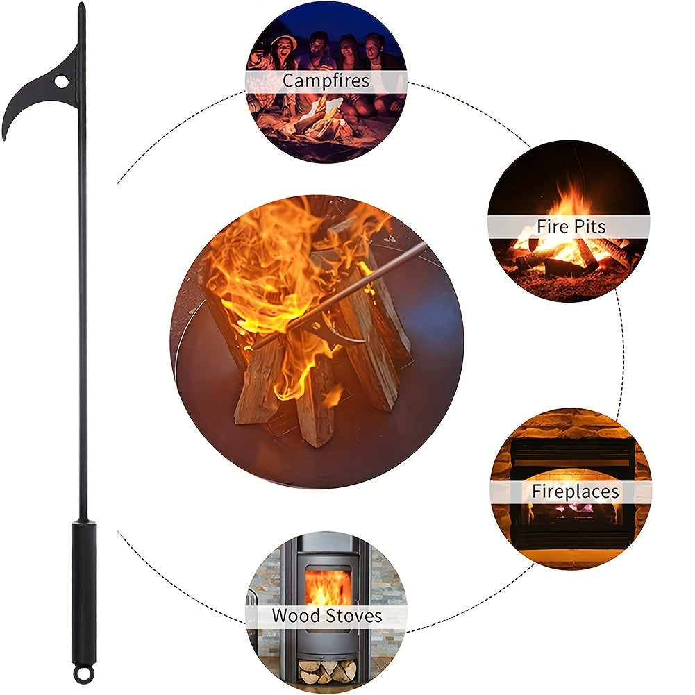 Long-handled fire poker made of durable black iron for grabbing fireplace logs, ideal for wood stoves, campfires, and BBQ grills. A must-have accessory for your fireplace.