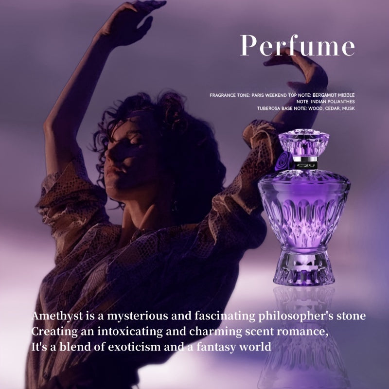 Elegant 75ml Purple Women's Perfume Spray with refreshing woody notes and alcohol-infused scent, perfect girlfriend gift with decorative floral packaging.