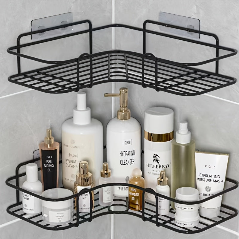 No-drill corner shower caddy made of rust-resistant wrought iron for bathroom storage.