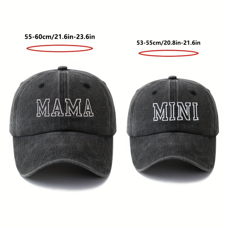 Set of 2 stylish baseball caps with high-quality embroidered letters "MAMA" and "MINI", curved brim design for outdoor activities, sun protection, and lightweight hip-hop style.