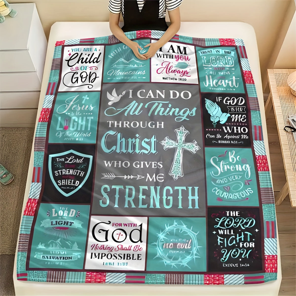 One piece of Christian Inspirational Quotes Flannel Fleece Throw Blanket featuring Religious Scripture Verses. This tear-resistant blanket is perfect for all seasons and has a digital print design. Made of polyester in a contemporary style, it is a great