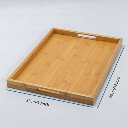 Bamboo serving tray with handles for eating, working, and storing in various locations.