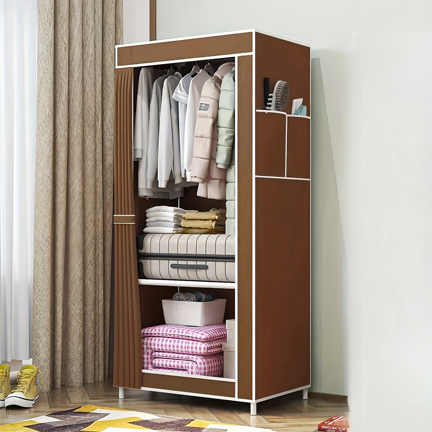 Compact metal wardrobe with over 3.2 cu. ft. capacity for easy assembly and space-saving storage in bedroom, home, or dorm.