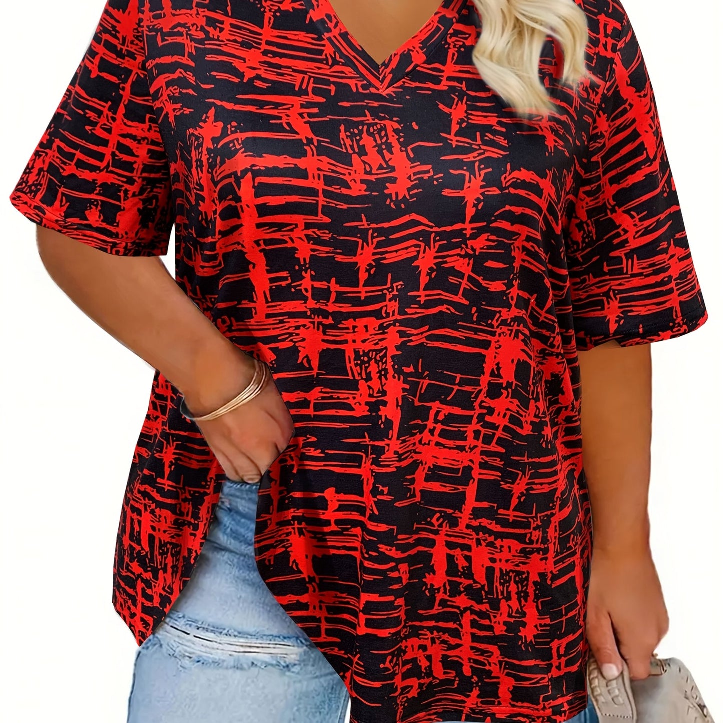 Plus size black & white abstract print t-shirt with v-neck, short sleeves, and drawstring detail. Made of polyester knit, perfect for spring/summer casual wear.