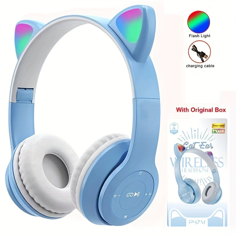 Anime cat ear wireless headphones with LED lights, microphone, rechargeable battery, 3.5mm jack, push button volume control. Compatible with cellphones, non-waterproof. Ideal for cycling