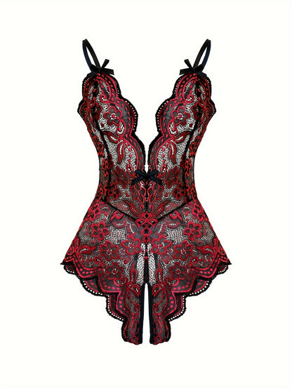 Sexy women's lingerie with floral embroidery, backless design, and open crotch.