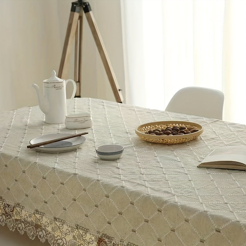 1pc Plaid Lace Macrame Tablecloth: Stain-resistant, waterproof, oil-proof, and washable. Suitable for various occasions such as picnics, camping, weddings, parties, restaurants, and buffets. Provides tabletop protection and enhances home kitchen decor.