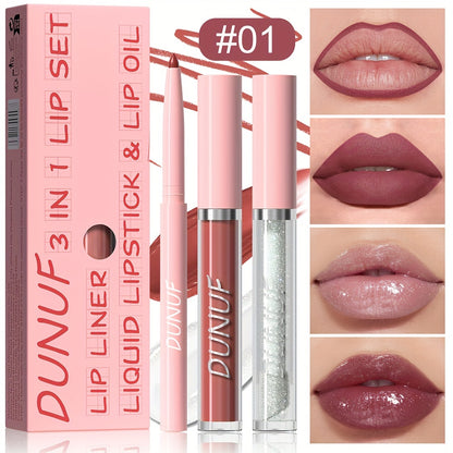 3-piece lip set with durable, waterproof, and sweat resistant formulas that are easy to apply and long-lasting. Includes lip gloss, lip liner, and lip glaze for a matte finish.