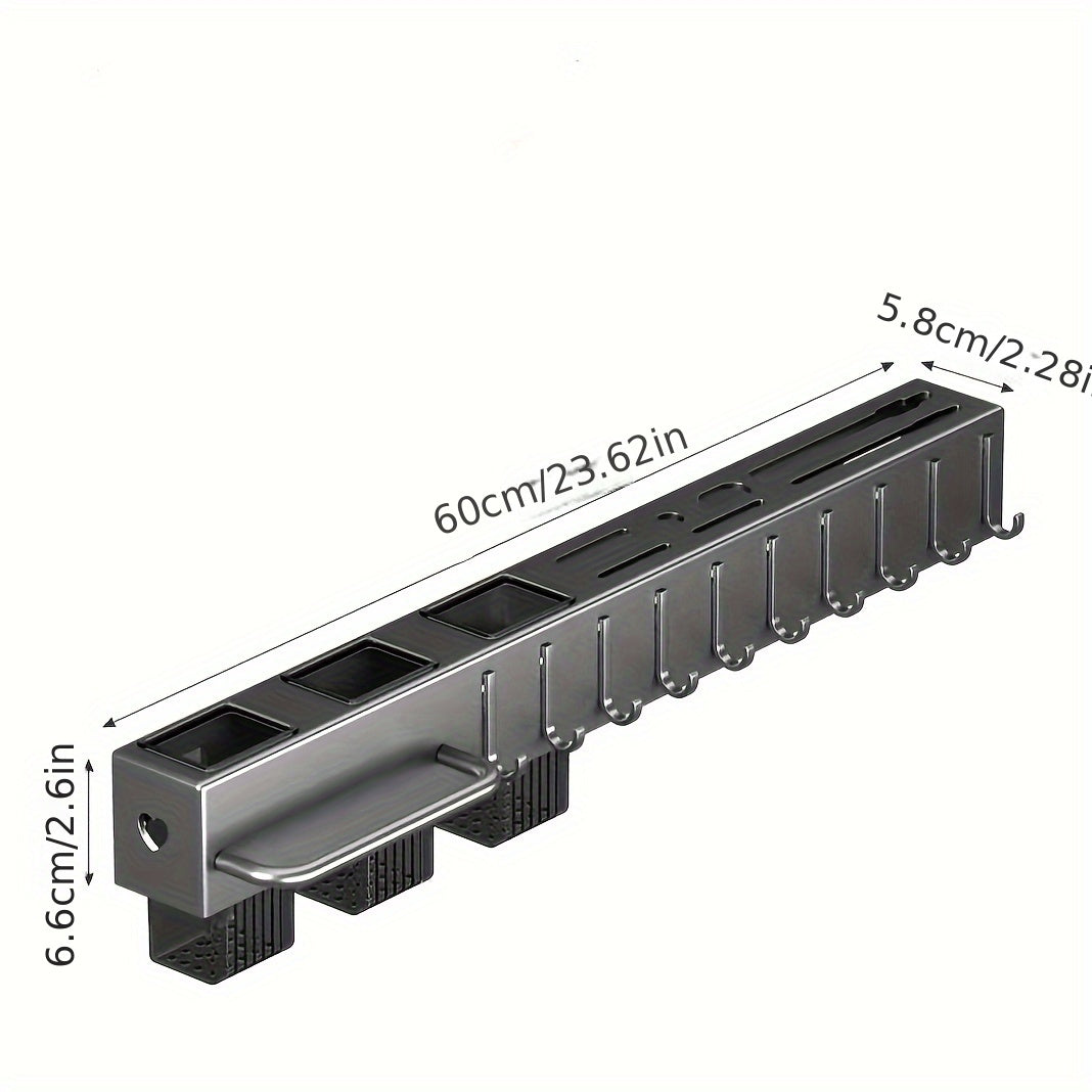 This multi-functional knife storage rack is made of high-quality premium carbon steel and does not require punching for installation. It can store kitchen knives, forks, spoons, woks, spatulas, rags, and chopsticks in one place with dry and wet