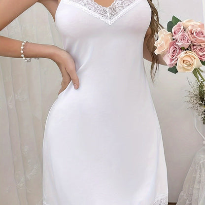 Solid lace trim slip dress with V-neck and backless design for women's comfortable sleepwear