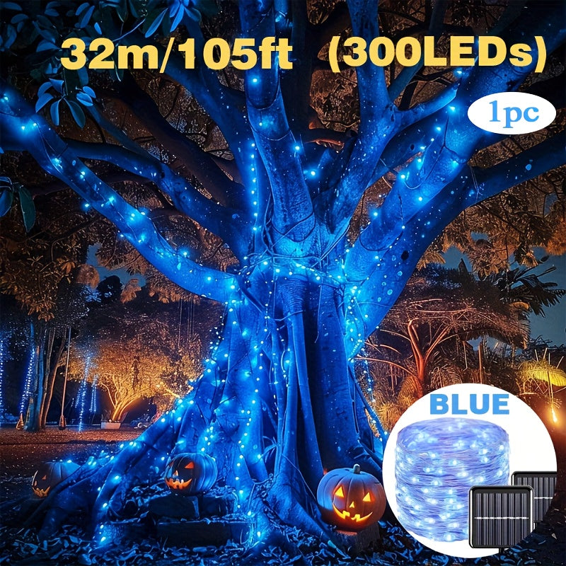 String lights featuring blue copper wire, powered by solar energy. Comes with 8 different lighting modes and is dimmable. Features a polished metal finish and a solar rechargeable lithium ion battery. Completely wireless with a plastic shade and prong